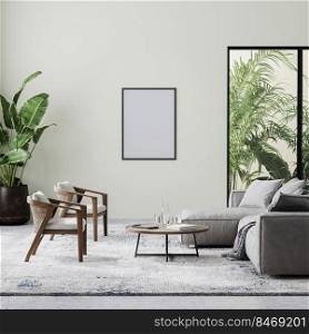 blank poster frame in modern living room interior with beige wall, gray and wooden furniture and tropical plants with palm leaves, 3d rendering