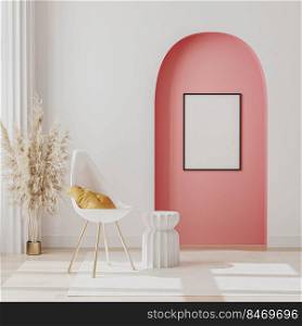 Blank poster frame mock up in modern room interior with white chair, coffee table near window and decorative pink arch and column on the background, 3d render