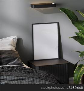 blank poster frame mock up near bed in modern bedroom interior in gray tones, 3d rendering