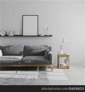 blank poster frame mock up on shelf in gray living room interior background, scandinavian style living room interior , minimalist room with grey sofa, 3d rendering