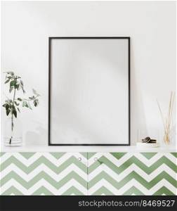 blank poster frame mockup in modern interior design with white wall and green chest of drawers with decoration,  scandinavian style ,3d rendering