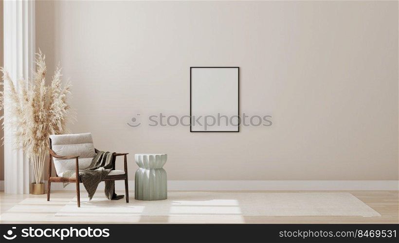 Blank poster frame on wall in minimalist modern living room interior background, living room mock up in scandinavian style, 3d rendering