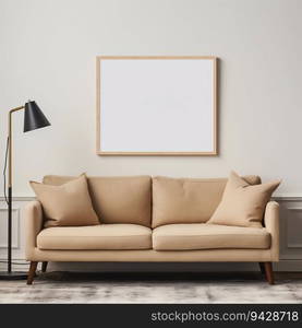 Blank Poster Frame Sitting on Top of a Sofa in Living Room Interior. Generative ai. High quality illustration. Blank Poster Frame Sitting on Top of a Sofa in Living Room Interior. Generative ai