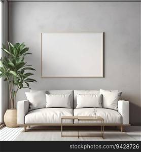 Blank Poster Frame Sitting on Top of a Sofa in Living Room Interior. Generative ai. High quality illustration. Blank Poster Frame Sitting on Top of a Sofa in Living Room Interior. Generative ai