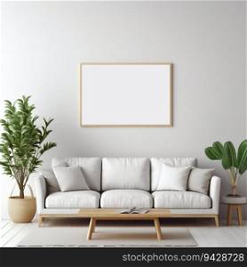 Blank Poster Frame Sitting on Top of a Sofa in Living Room Interior. Generative ai. High quality illustration. Blank Poster Frame Sitting on Top of a Sofa in Living Room Interior. Generative ai