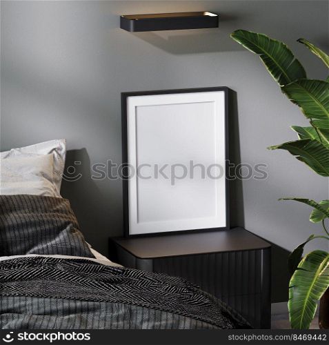 blank poster frame with mat mock up near bed in modern bedroom interior in gray tones, 3d rendering