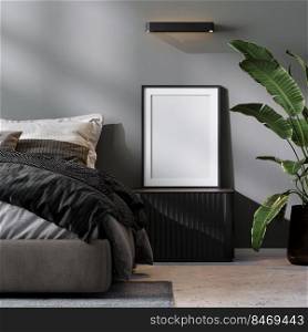 blank poster frame with mat mock up near bed in modern bedroom interior in gray tones, 3d rendering