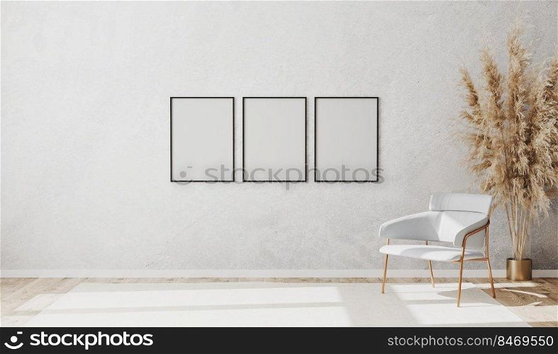 Blank poster frames in bright contemporary empty room interior with luxury white chair on wooden parquet floor and white decorative plaster wall, 3d rendering