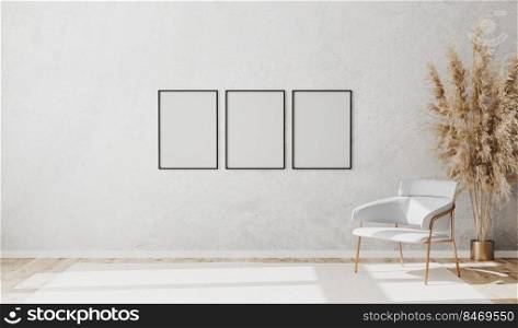 Blank poster frames in bright contemporary empty room interior with luxury white chair on wooden parquet floor and white decorative plaster wall, 3d rendering