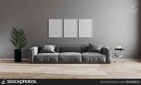 blank poster frames in bright modern living room with gray sofa, green plant and coffee table on wooden laminate. Scandinavian style, cozy interior background. Bright stylish room mock up. 3d render