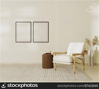 Blank poster frames mock up in beige contemporary minimalist interior with armchair, coffee table and decor. 3d render illustration 