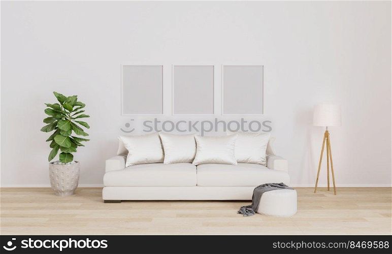 Blank poster/picture frame for mockup. Bright living room with white sofa, white modern l&, plant.  Furnished living room with white wall and wooden floor.3d illustration. Interior design.