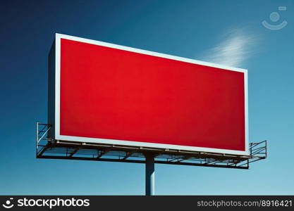 Blank red billboard on an blue sky. Generative AI
