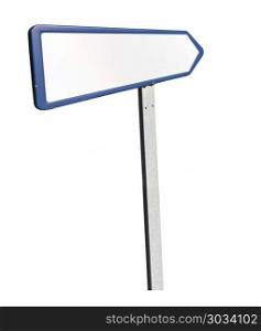 Blank road sign in perspective. Blank cutout road sign with pointer taken in perspective and isolated against white background. Blank road sign in perspective
