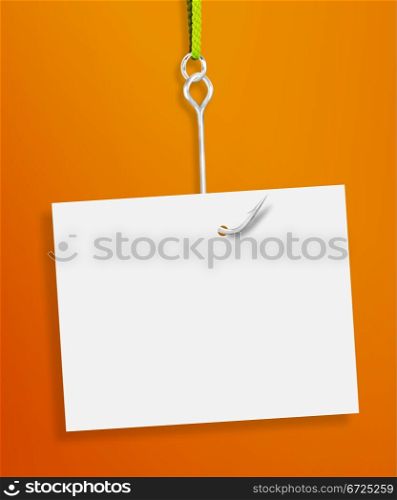 Blank sheet of paper hanging on a fishing hook on orange background. Empty paper