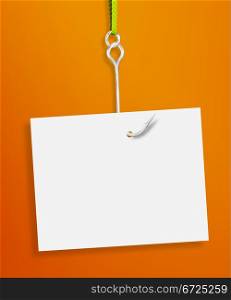 Blank sheet of paper hanging on a fishing hook on orange background. Empty paper