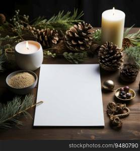 Blank sheet of paper on the wooden table and christmas decorations. Generative AI
