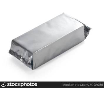 blank silver food packaging on white bacground