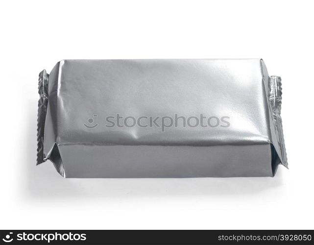 blank silver food packaging on white bacground. with clipping path