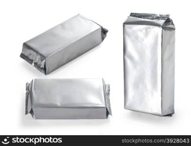 blank silver product packaging on white background