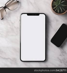 Blank Smartpho≠Screen on a Marb≤Tab≤with Office Statio≠ries Beside It. Ge≠rative ai. High quality illustration. Blank Smartpho≠Screen on a Marb≤Tab≤with Office Statio≠ries Beside It. Ge≠rative ai