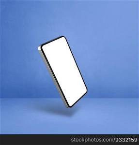 Blank smartphone floating over a blue background. 3D isolated illustration. Square template. Floating smartphone isolated on blue. Square background