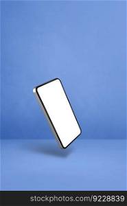 Blank smartphone floating over a blue background. 3D isolated illustration. Vertical template. Floating smartphone isolated on blue. Vertical background