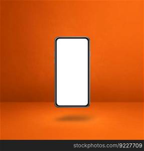 Blank smartphone floating over an orange background. 3D isolated illustration. Square template. Floating smartphone isolated on orange. Square background
