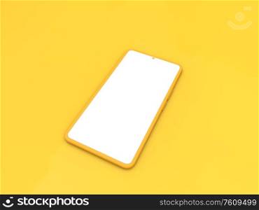 Blank smartphone mockup on yellow background. 3d render illustration.. Blank smartphone mockup on yellow background.