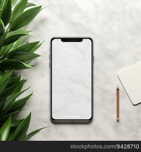 Blank Smartphone Screen on a Marble Table with Office Stationeries Beside It. Generative ai. High quality illustration. Blank Smartphone Screen on a Marble Table with Office Stationeries Beside It. Generative ai