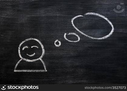 Blank speech bubble with a cartoon figure drawn on a blackboard background