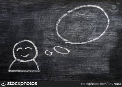 Blank speech bubble with a cartoon figure drawn on a blackboard background