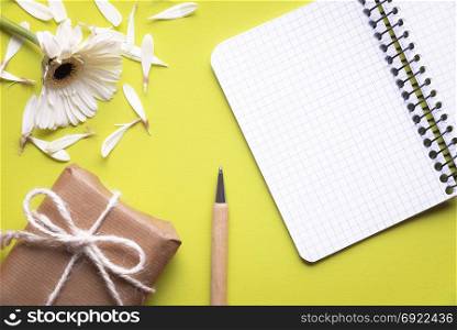 Blank spiral math notebook surrounded by a pen, a torn white flower and a gift box wrapped in brown paper and tied with a flax string and bow, on yellow paper.