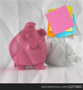 blank sticky note on piggy bank 3d standing another fall as concept