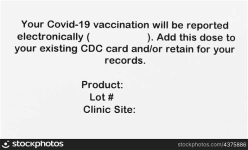 Blank supplemental Covid 19 vaccination record card for booster or additional shots