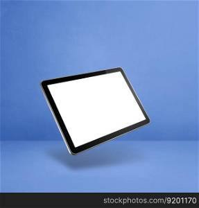 Blank tablet pc computer floating over a blue background. 3D isolated illustration. Square template. Floating tablet pc computer isolated on blue. Square background