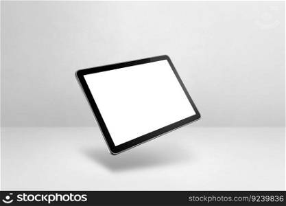 Blank tablet pc computer floating over a white background. 3D isolated illustration. Horizontal template. Floating tablet pc computer isolated on white. Horizontal background