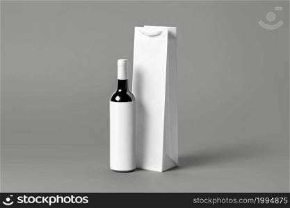 Blank tall white wine bottle bag mockup set, isolated, 3d rendering. Empty carry handbag for wine or vodka mock up. Clear paper packaging fit for store branding.