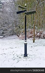 Blank three directional sign in snow covered park with space for your text on sign copy space