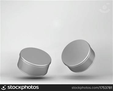 Blank tin can metal container for food or cosmetic. 3d illustration on gray background