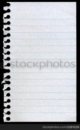 Blank torn notepaper page isolated on a black background.