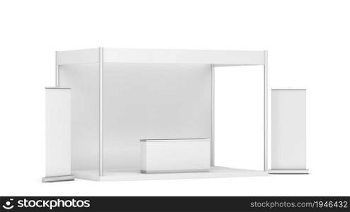 Blank tradeshow booth with counter and rollup banner. 3d illustration isolated on white background