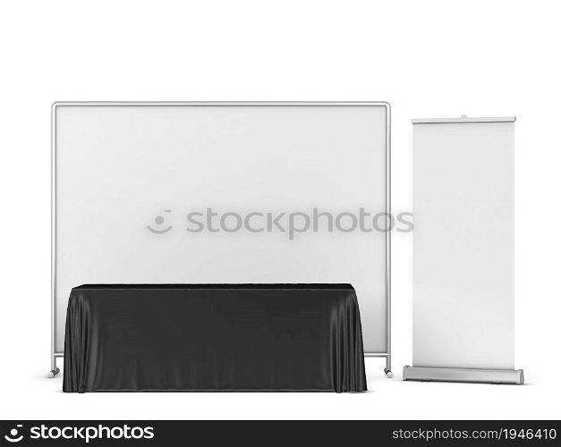 Blank tradeshow tablecloth with backdrop and rollup banners mockup. 3d illustration isolated on white background
