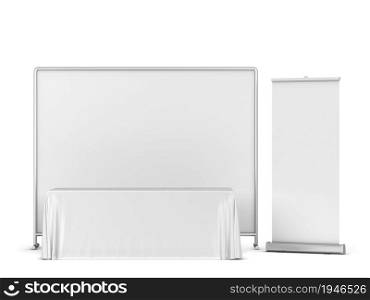 Blank tradeshow tablecloth with backdrop and rollup banners mockup. 3d illustration isolated on white background