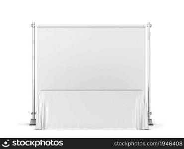 Blank tradeshow tablecloth with backdrop banner mockup. 3d illustration isolated on white background