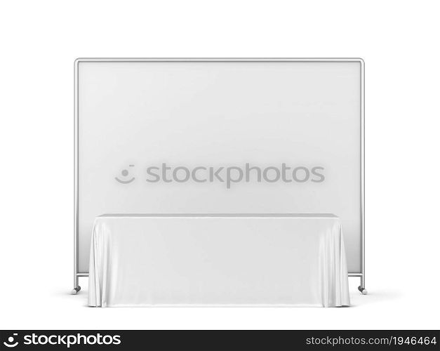 Blank tradeshow tablecloth with runner and backdrop banner mockup. 3d illustration isolated on white background