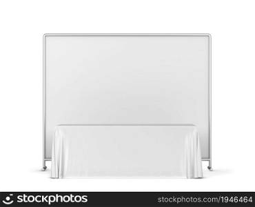 Blank tradeshow tablecloth with runner and backdrop banner mockup. 3d illustration isolated on white background
