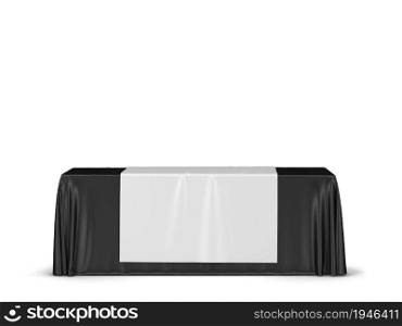 Blank tradeshow tablecloth with runner mockup. 3d illustration isolated on white background