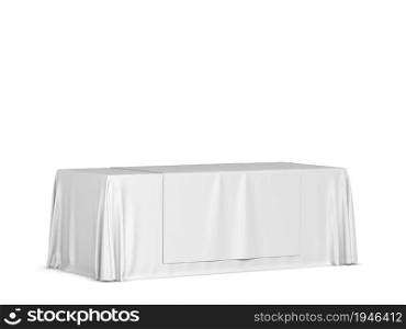 Blank tradeshow tablecloth with runner mockup. 3d illustration isolated on white background