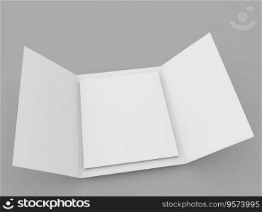 Blank trifold brochure mockup A4 on grey background. 3d render illustration.. Blank trifold brochure mockup A4 on grey background. 